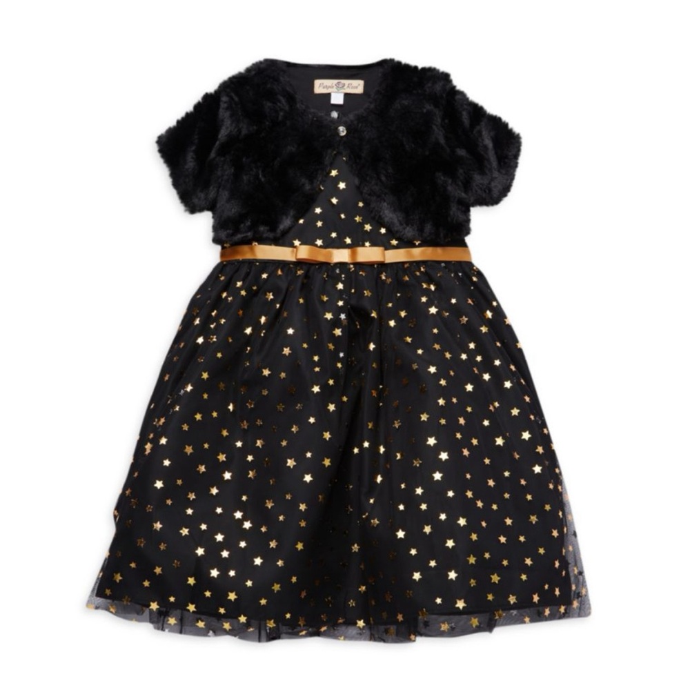 Purple Rose Little Girl’s 2 Piece Faux Fur Bolero and Star Print Dress Set